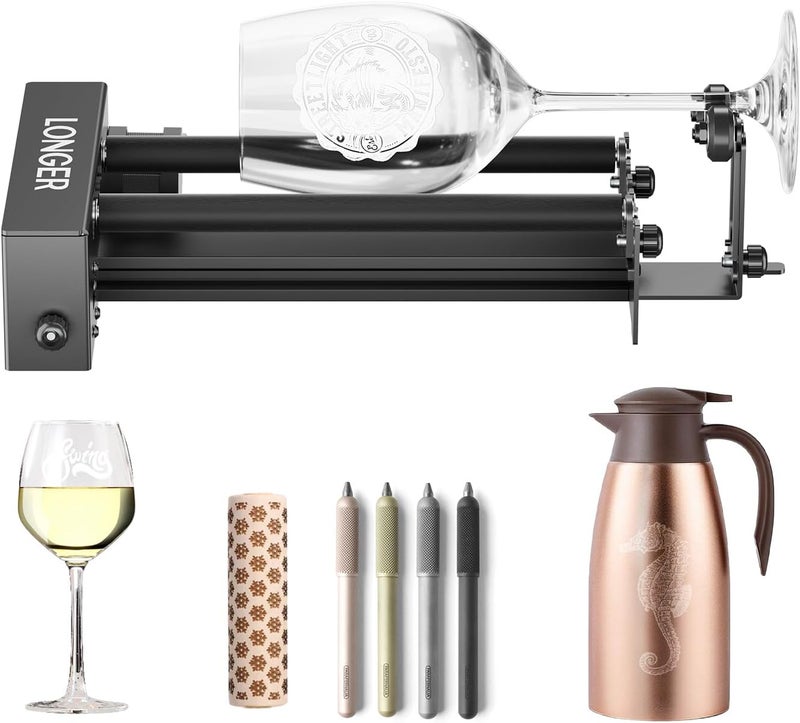 LONGER Laser Engraver Rotary Roller with Bracket, Y-Axis Rotary Roller 360° Rotation for Laser Engraver Engraving Cylindrical Objects Tumblers Cans Cups Bottles, Compatible with 99% of Laser Engraver - Image 1